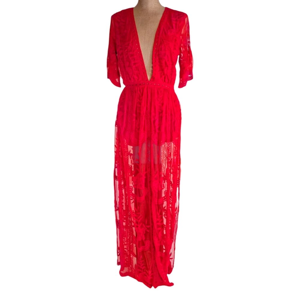 Honey Punch Red Sheer Lace Maxi Dress Women’s Size Small Built-In Shorts